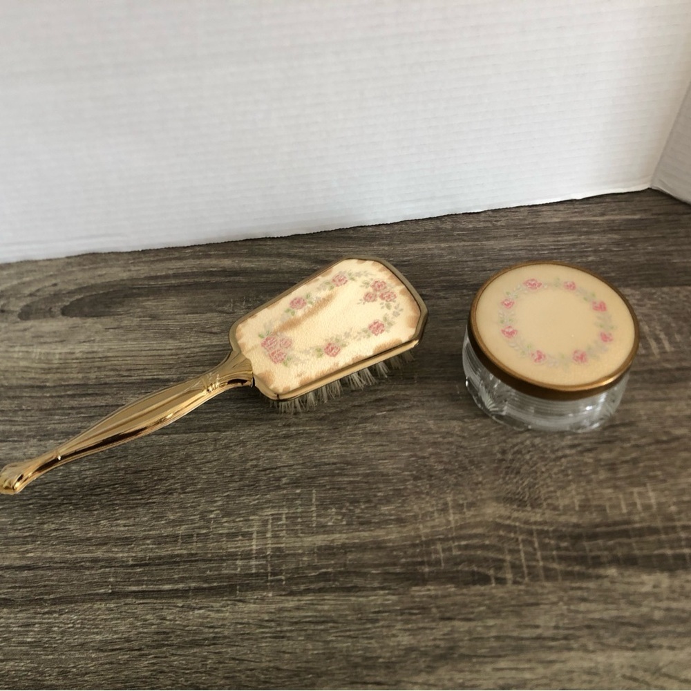 Vtg Gold Brush and Powder Jar Set with Floral Design